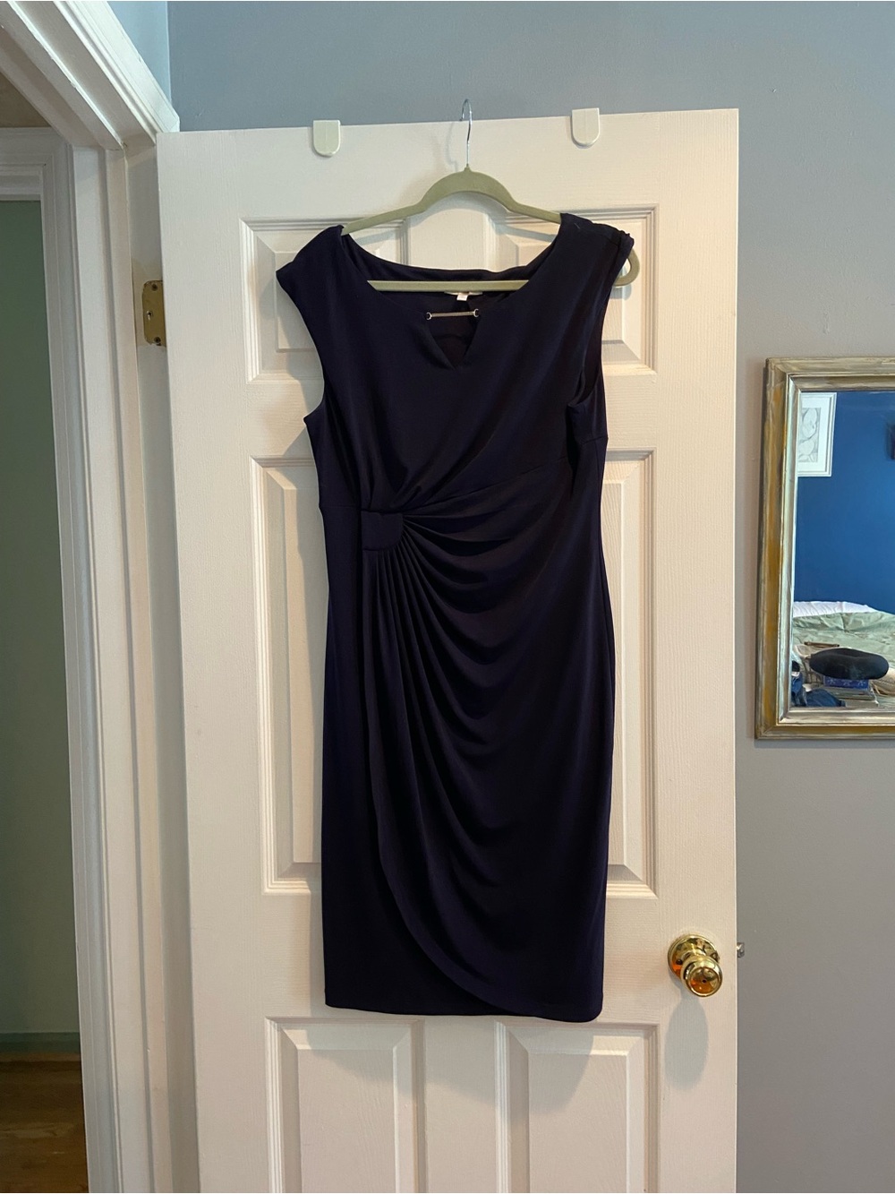 Dress Barn gathered navy blue dress with silver detail at neck